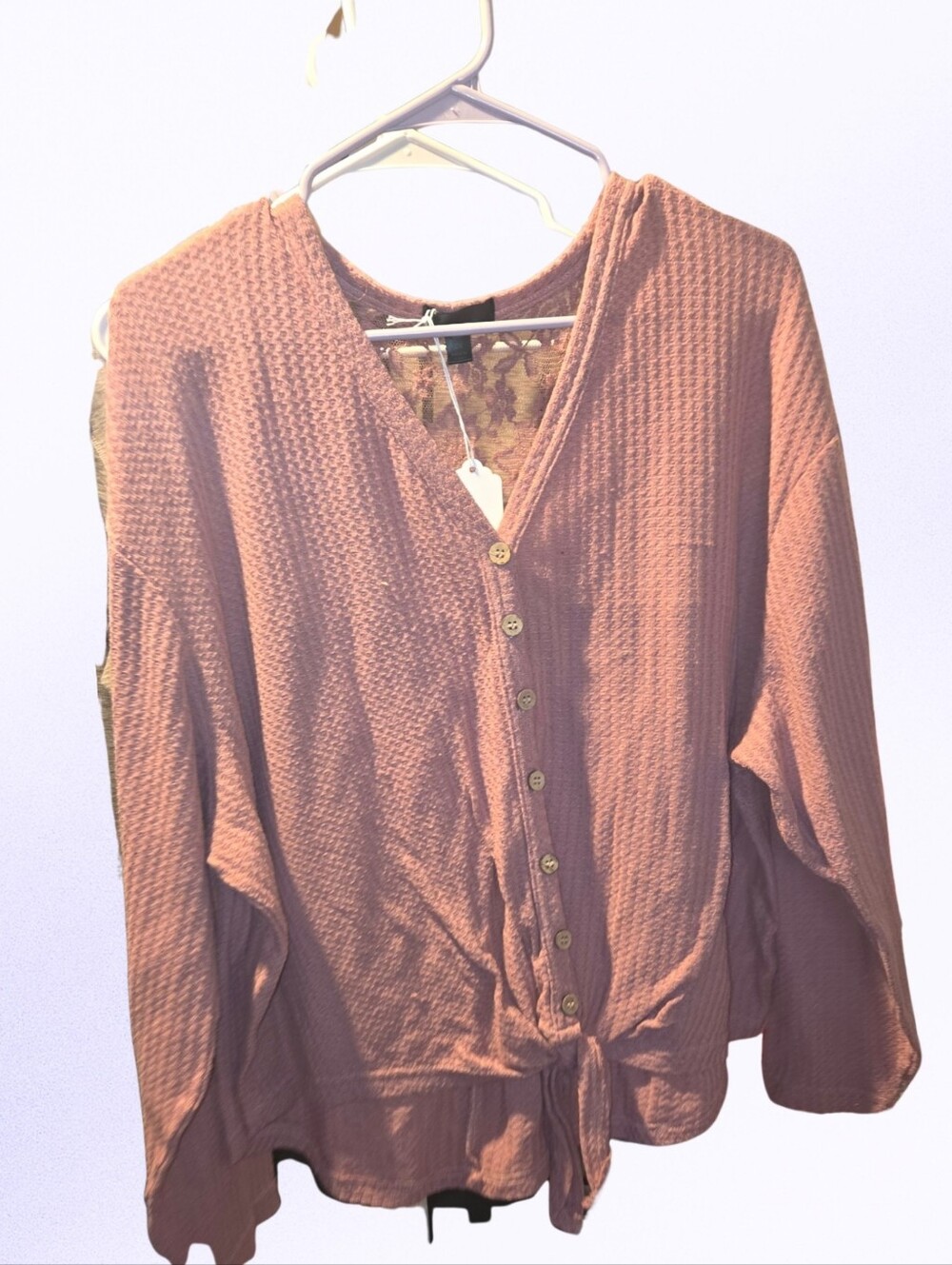 Textured Button-Front Pink Waffle Knit Top